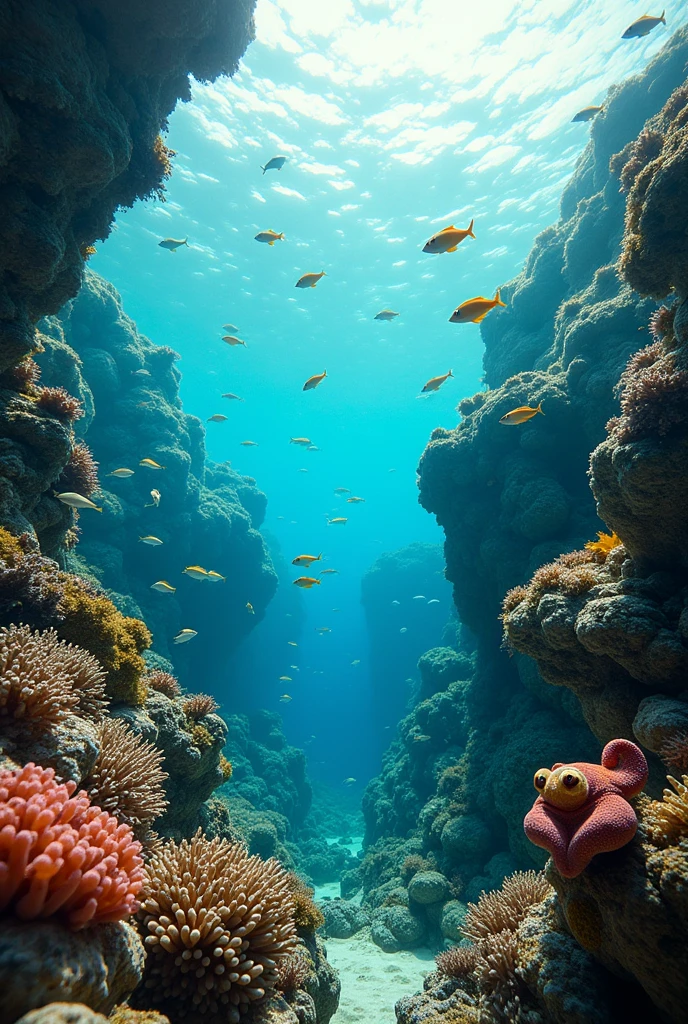 A stunning cinematic photo capturing the mesmerizing underwater world on the island of Bonaire. The image showcases a vibrant and diverse aquatic ecosystem teeming with various fish species, corals, and other marine life. A school of colorful fish swims past a large, intricately shaped coral formation, while a curious octopus peeks out from behind a rock. The background reveals a glimpse of the island's lush greenery and a bright blue sky, creating a harmonious blend of land and sea., portrait photography, photo, wildlife photography, cinematic