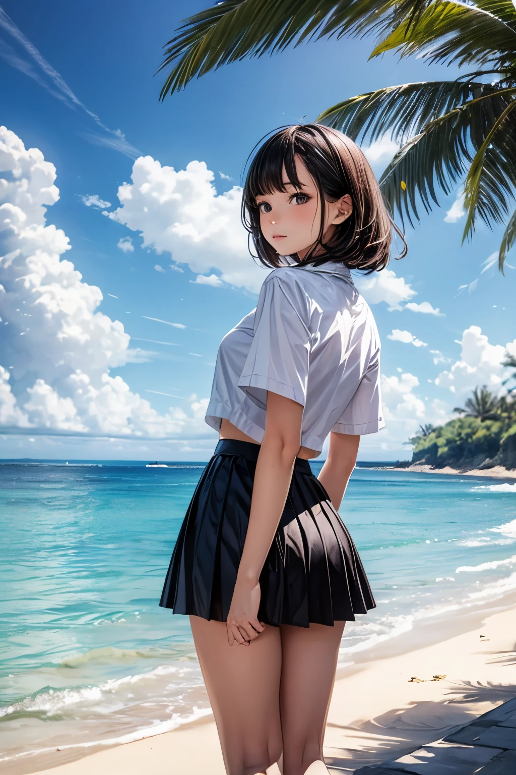 1 person,alone,blue sky, Ocean, Short skirt, (Highly detailed background:1.0), (Highly detailed background:1.0),
