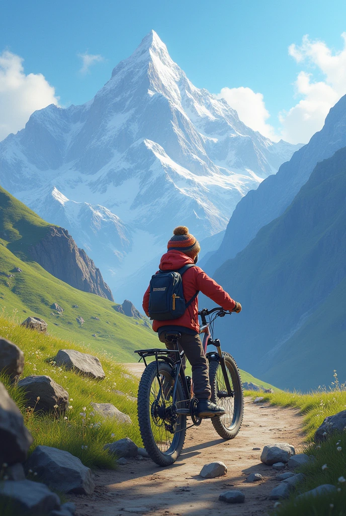 A boy with bike on Himalayas 
