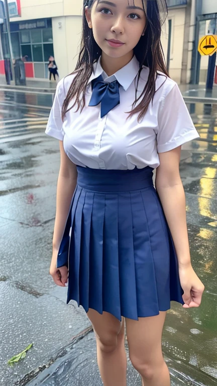 (masterpiece:1.3, Highest quality, Ultra-high resolution, Very detailed), (Realistic, photoRealistic:1.4), , Woman caught in downpour,Schoolgirl uniform, Wet Hair, Wet clothes, Soaking wet, soaked, City Street, Full Body Shot