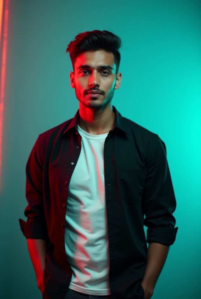 A young man with dark hair and a confident.and bangali face. He is dressed in a black shirt over a white t-shirt. The man is positioned against aqua colour backdrop with a subtle red lighting on the left side. and he posing for Linkedin profile, black background and quality full picture