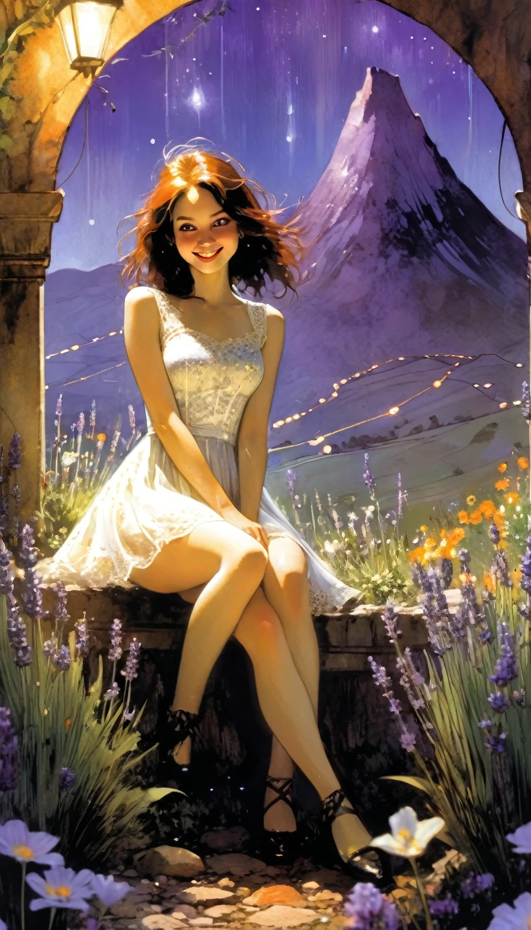 1girl,lavender,white short dress,lace dress,smile,flower garden,full body,sitting,mountains in the distance,light particles,(Depth of field,cinematic angle,cinematic lighting:1.2),blurry background,blurry foreground,(masterpiece:1.2),(best quality:1.2),(very aesthetic:1.2),(absurdres:1.2),(detailed background),newest,intricate details, art inspired by Bill Sienkiewicz and Dave McKean