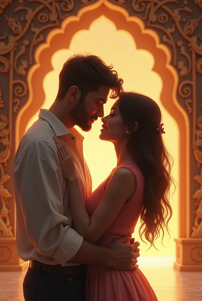 A men who loving his girlfriend like princess hugging and scrolling hand on her hair and both of them making eye contact in iskcon temple