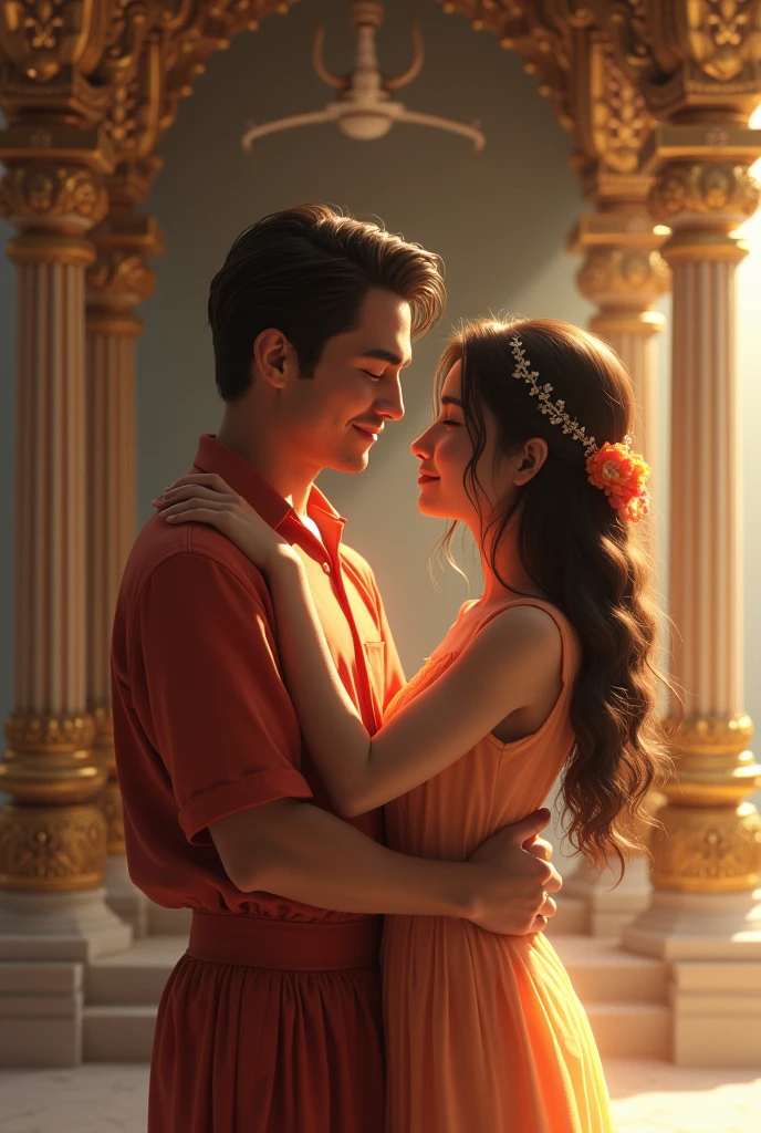 A men who loving his girlfriend like princess hugging and scrolling hand on her hair and both of them making eye contact in iskcon temple
