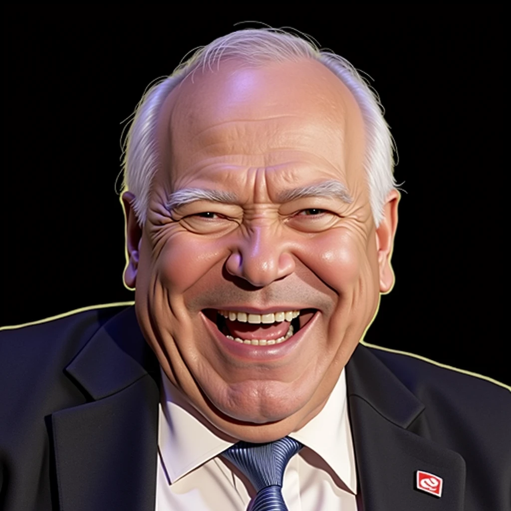 a bald 60 year old man with a perfectly round face, white hair, laughing joyfully, exaggerated facial features, colourful 2D lineart graffiti caricature style, flat lighting, humorous and endearing expression