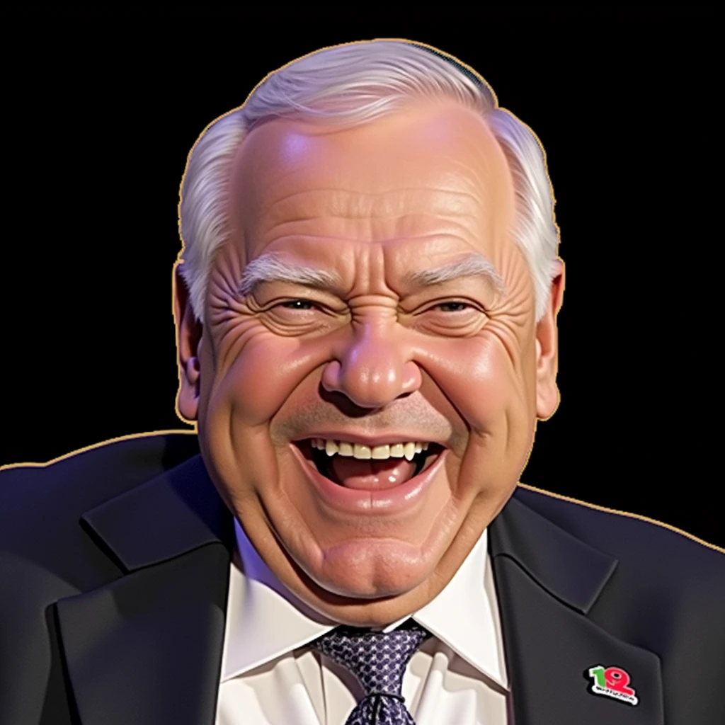 a bald 60 year old man with a perfectly round face, white hair, laughing joyfully, exaggerated facial features, colourful 2D lineart graffiti caricature style, flat lighting, humorous and endearing expression