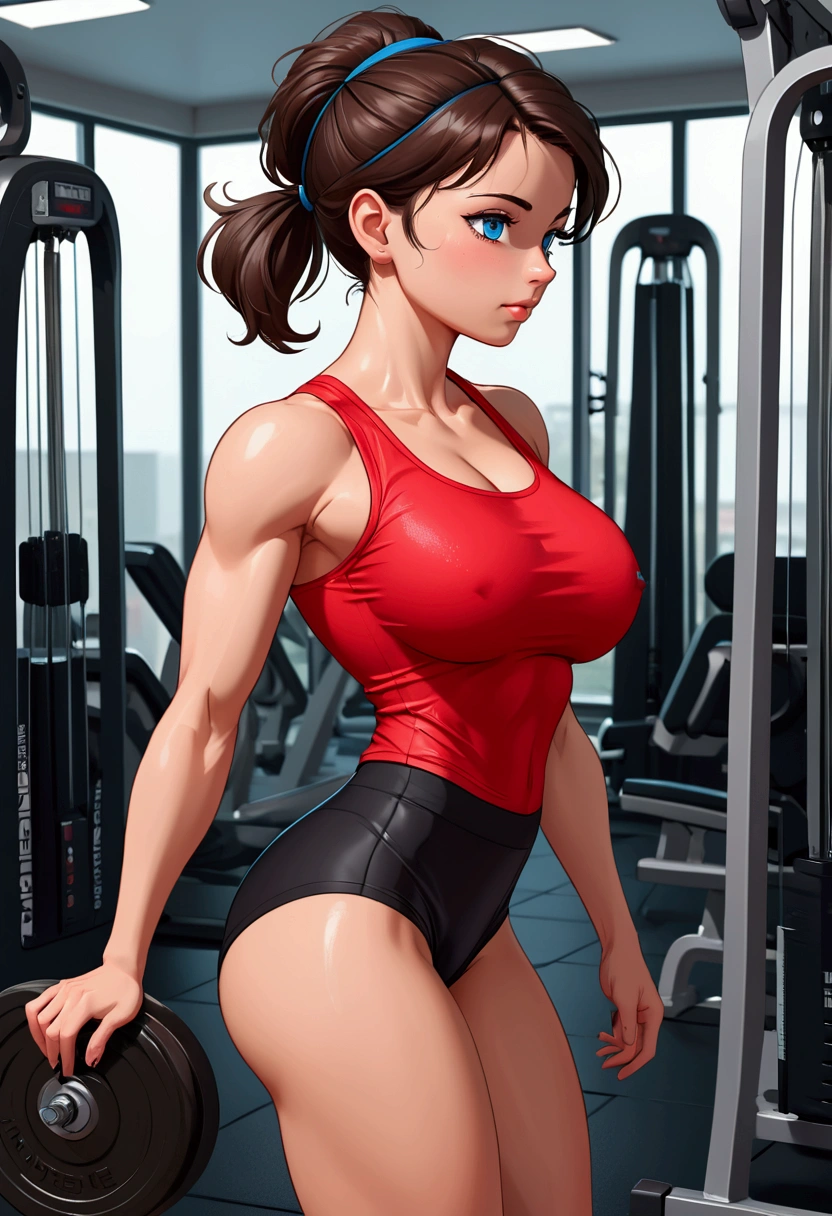 20 years old woman, Short brown hair, Méditerranéenne aux blue eye, Generous and heavy breasts, slender waist, estomac defini, fesses rebondies et pulpeuses, naturally curved, muscular thighs, aguicheuse, in the gym, short noir et teeshirt rouge , blue eye, sweaty, side view, red hairband 