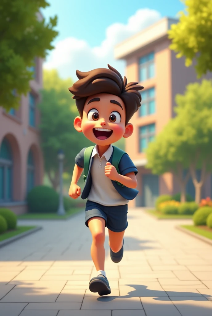 A running on campus,Wearing school uniform,Smiling happy expression,Cartoon 3D style,