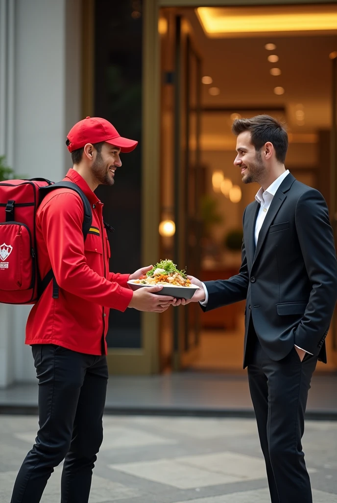 Delivery man wearing red passing food to young rich man