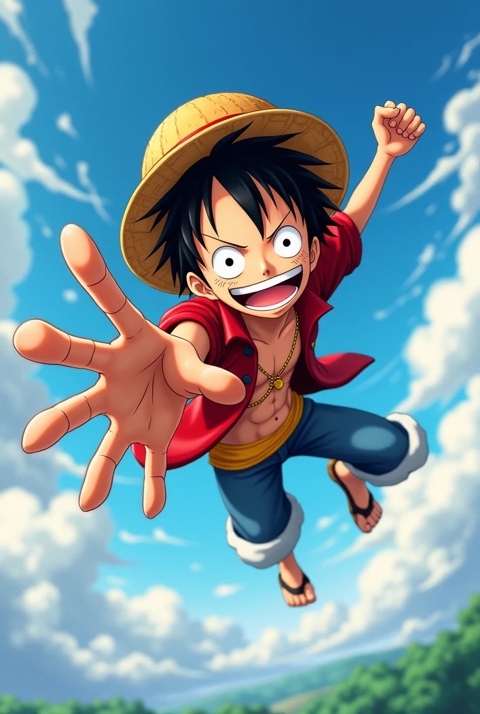 Luffy giving his hand to shake while flying 