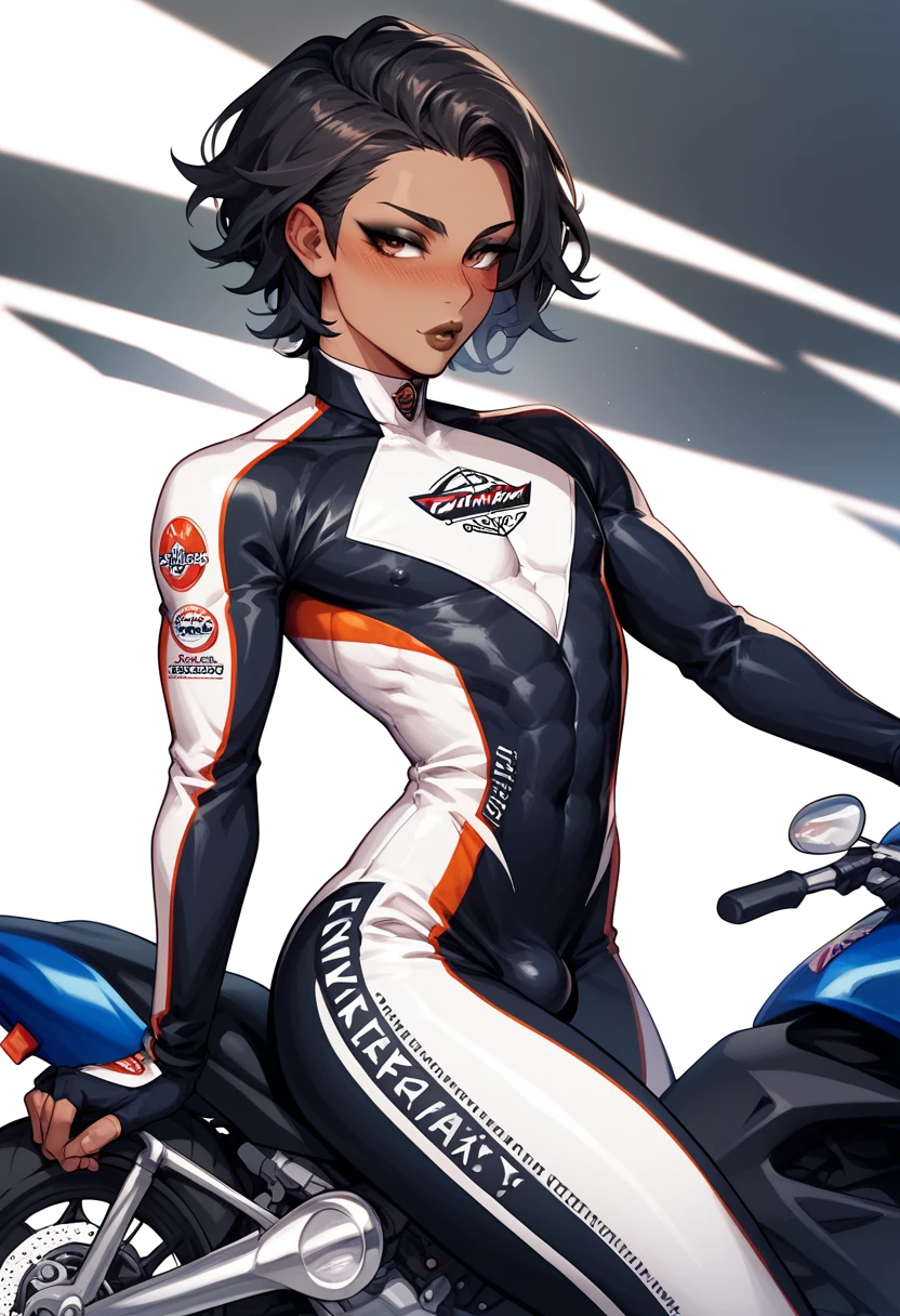 1boy, black eyeliner, male medium length hair, black hair, handsome, brown eyes, brown lipstick, femboy, blush, thin waist, half open eyes, beautiful face, black racing clothes, motorcycle behind, racing road