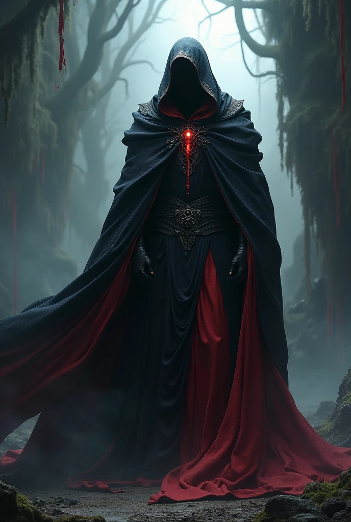 Make a magical being, king of the kingdom of darkness, with a strong shadow in place of his head, with a black and red hoodless cloak