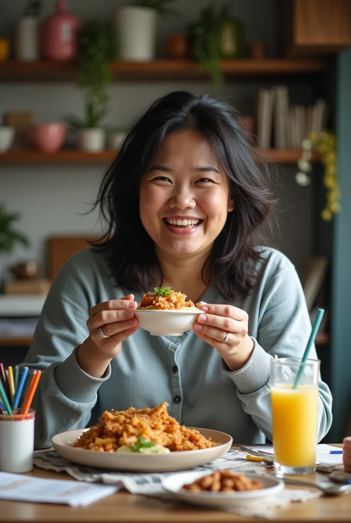 ‘realistic photo’ messy home at the background, asian busy woman sitting and eating keto food, the woman is little bit fat, messy hair, messy home, stationery items on the table, detox juice and almonds on the table too, the women looks so happy