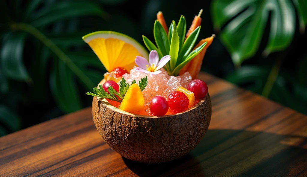 full shot photography upper angle shot with a strong accent to exotic stunning cocktail in coconut shell with many colors and fruits on the black background tropical aesthetics food book photography 35 mm movie frame epic scene cinematic 3d, strong 8k uhd quality