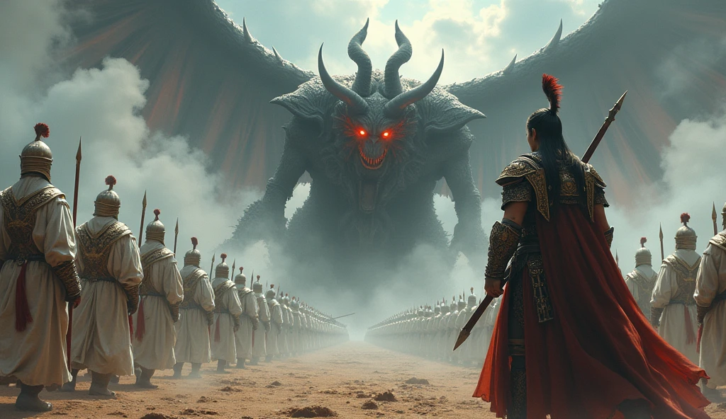 a young man from Persia brought an army in white to attack the red-eyed horned devil