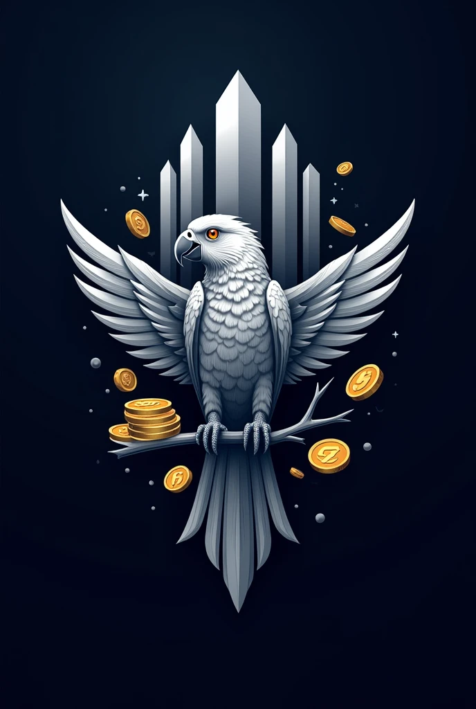 A logo that has a fierce silver macaw and behind it was a silver corporate building and money. The background color is dark blue.