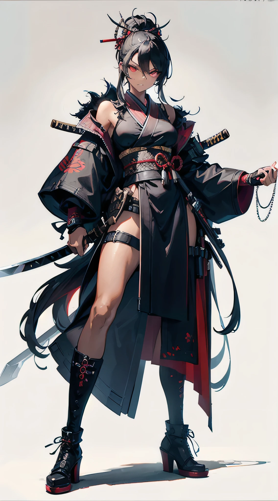 Ultra-detailed, master piece, best quality, high resolution, beautiful eyes, detailed eyes, detailed face, Grin, Create a full-body illustration of a character inspired by Afro Samurai, with an intense and dynamic pose. The character has a tall, muscular build with dark skin and stylish, spiky hair that stands up sharply, giving them a fierce and edgy look. They wear a traditional samurai outfit combined with modern, urban elements, such as a tattered black kimono with intricate silver embroidery, combat boots, and a belt filled with small tech gadgets. The face features sharp, angular lines, a stern expression, and a scar running across one eye, with a cigarette hanging loosely from the lips. The character wields a long katana with a gleaming blade in one hand, while the other hand, adorned with fingerless gloves, grips the hilt tightly. The background showcases a gritty, dystopian cityscape with neon lights and dark alleys. The character should exude power, mystery, and a sense of calm before the storm, with detailed attention to the textures of clothing, the sheen of the sword, and the intensity in their eyes