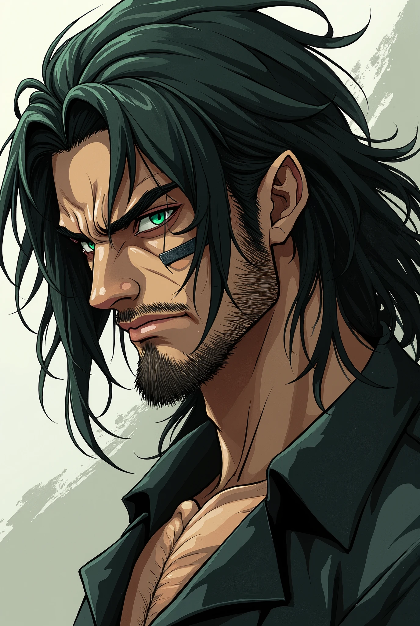 Anime man male with a ruggedly handsome appearance with a sharp and chiseled face, adorned by a large scar across his face. His thick eyebrows sit neatly above his sharp emerald green eyes as they furrow. His hair is long and dark, cascading down his shoulders, covering his face, and creating a look of carelessness. He also has a very tall and athletic physique, covered in body hair and scars.
Create the image in an anime art style