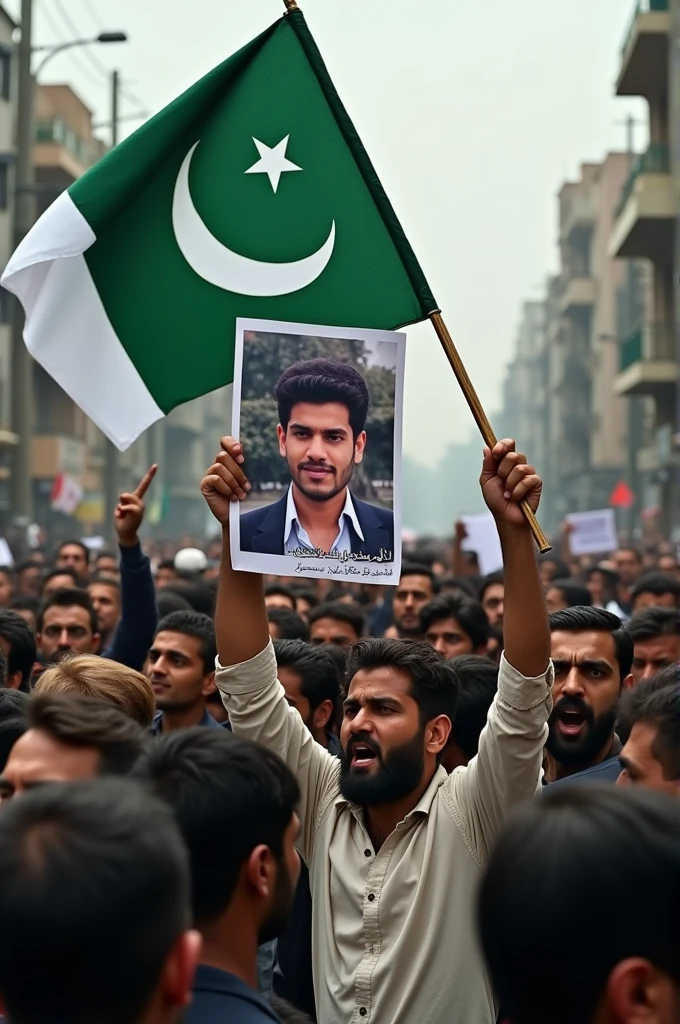 Pakistani people block the road for innocent kill of kamran malik Hang up pakistani flag and kamran malik photo 
