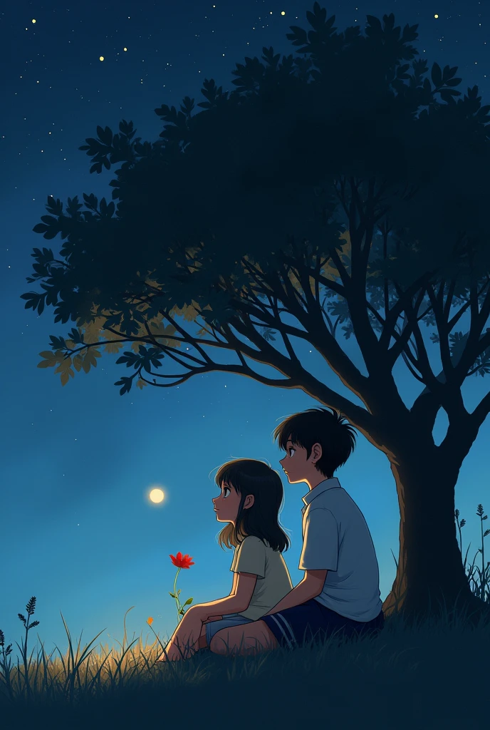 A girl and a boy sitting under a tree in night time different types 10 pic