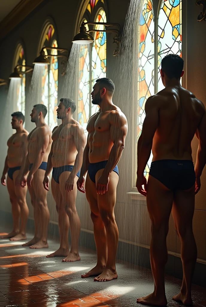 Many strong and muscular Bolivian men taking a shower in their underwear under individual showers, with stained glass windows in the background, in a large cloakroom of a historic building from 1650.