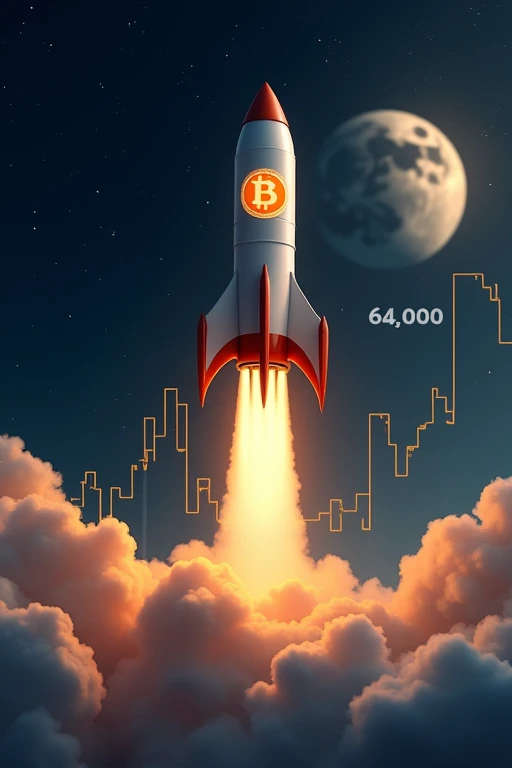 A Bitcoin logo shaped rocket launching towards the moon. The rocket trail forms a graph line showing an upward trend. Include the number 64,000 in the background. Use a dramatic night sky with stars.