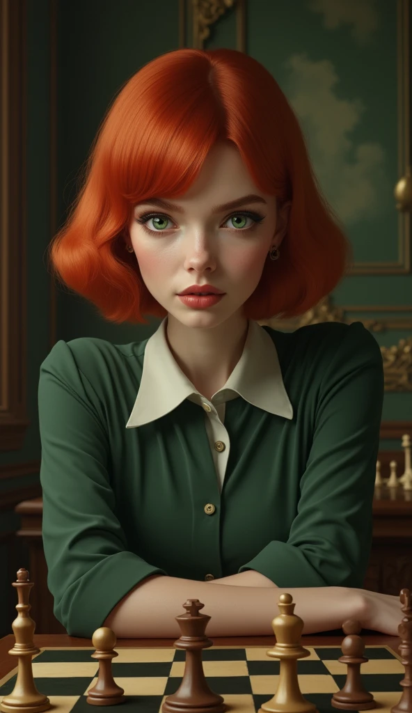 Create an image of a young woman resembling Beth Harmon from 'The Queen's Gambit.' She has red hair styled in a vintage bob haircut, pale skin, and green eyes. The woman is wearing a 1960s-inspired outfit, perhaps a collared dress or a stylish blouse and skirt, sitting at a chessboard with an intense, focused expression. The background could be a classic, dimly lit room or a chess tournament hall, with a few scattered chess pieces on the board in front of her. The overall atmosphere should reflect a blend of intelligence, determination, and a hint of vulnerability.