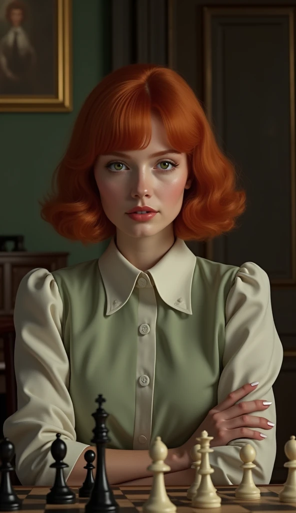 Create an image of a young woman resembling Beth Harmon from 'The Queen's Gambit.' She has red hair styled in a vintage bob haircut, pale skin, and green eyes. The woman is wearing a 1960s-inspired outfit, perhaps a collared dress or a stylish blouse and skirt, sitting at a chessboard with an intense, focused expression. The background could be a classic, dimly lit room or a chess tournament hall, with a few scattered chess pieces on the board in front of her. The overall atmosphere should reflect a blend of intelligence, determination, and a hint of vulnerability.