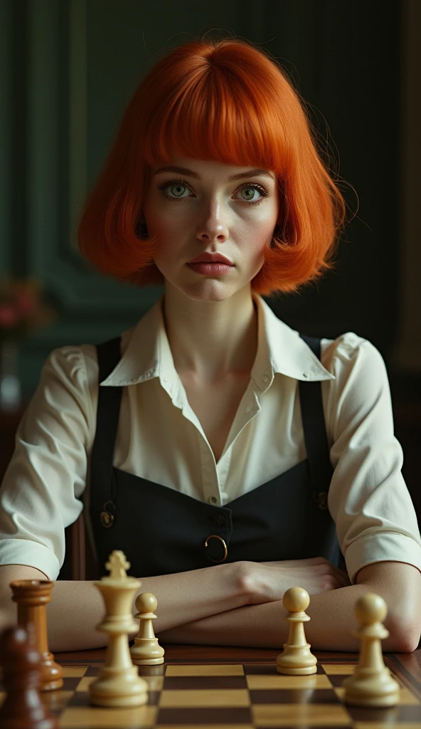 Create an image of a young woman resembling Beth Harmon from 'The Queen's Gambit.' She has red hair styled in a vintage bob haircut, pale skin, and green eyes. The woman is wearing a 1960s-inspired outfit, perhaps a collared dress or a stylish blouse and skirt, sitting at a chessboard with an intense, focused expression. The background could be a classic, dimly lit room or a chess tournament hall, with a few scattered chess pieces on the board in front of her. The overall atmosphere should reflect a blend of intelligence, determination, and a hint of vulnerability.