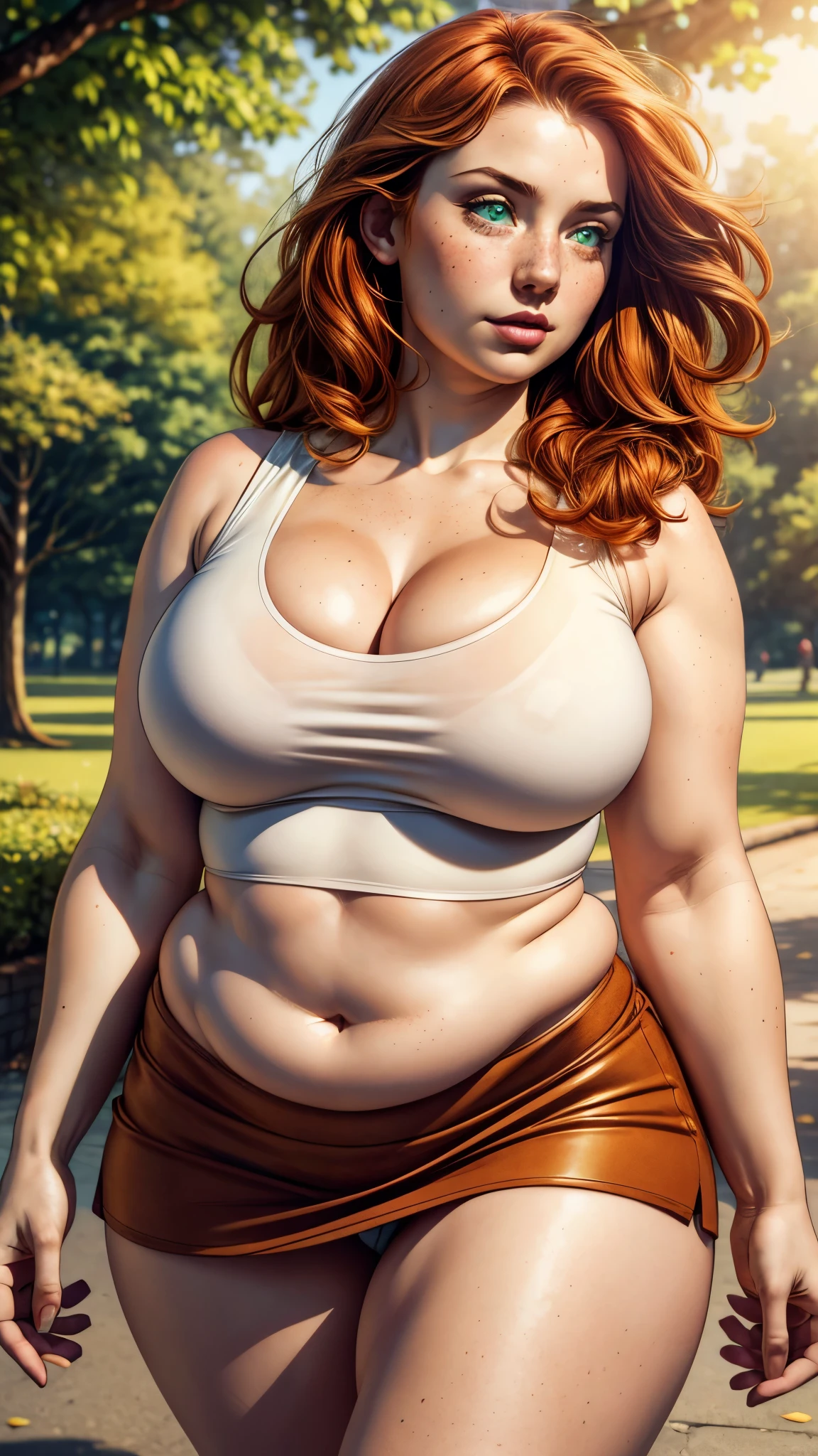 Beautiful Chubby woman, age30, Solo, Aesthetic artwork, irish redhead, wavy ginger hair, shoulder length ginger hair, (green eyes), some small freckles, pale skin, (big saggy breasts:1.2), curvy body, detailed skin texture, (extremely detailed 8k wallpaper), soft lighting, high quality, film grain, Fujifilm XT3 sharp focus, f 5.6, 50mm, High Detail, Sharp focus,(natural light), (wearing crop top), cleavage, (miniskirt), crazy details, complex details, hyper detailed, intricate pose, chubby, walking in the park
