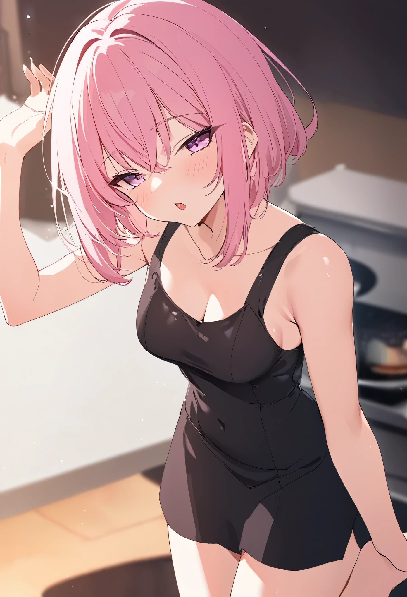 (adult girl, assertive, badass, sexy, seductive, erotic, confident, bossy:1.3), (pink hair, cut hair, pink eyes, half closed eyes, half open mouth:1.3), (athletic body, naked, nipple, pumped up legs, medium breasts:1.3), (hands raised up, hands behind head, armpits:1.3)
