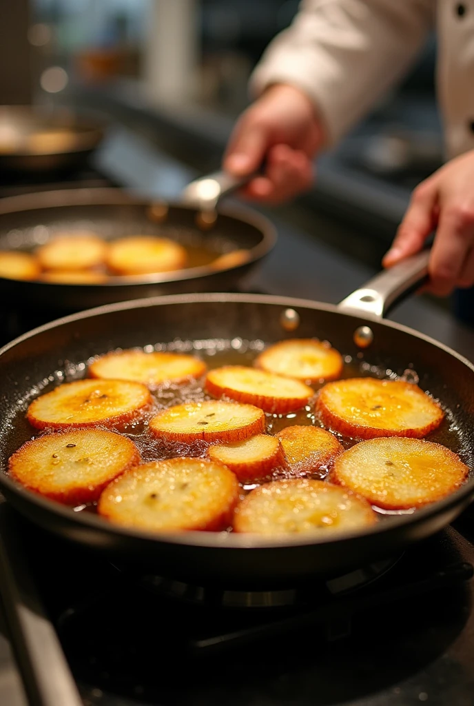 Heat vegetable oil in a large pan.”][Scene Transition: Frying potato slices in batches in the hot oil