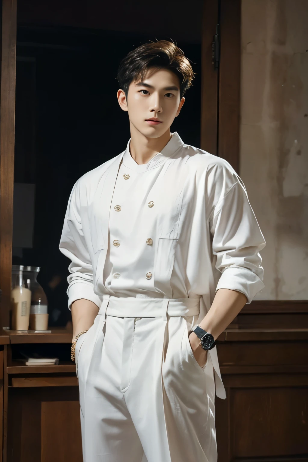 masterpiece, Best quality, realistic, a handsome Thai-Korean guy, dressed in a casual yet stylish outfit, wearing a prominently visible wristwatch. The outfit should be modern and elegant, with meticulous attention to detail in both the clothing and accessories. The wristwatch adds a touch of sophistication to his overall look