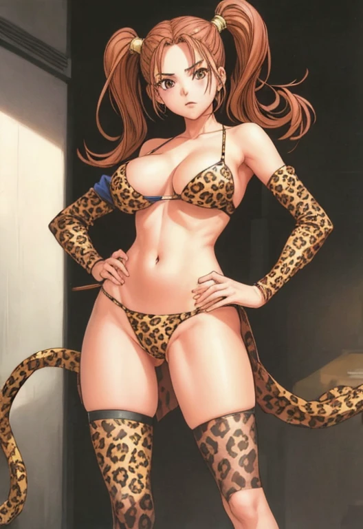 Jessica, with her big breasts, beautiful legs, shoulder-length twin tails and mature face, is standing in a leopard print bikini.。