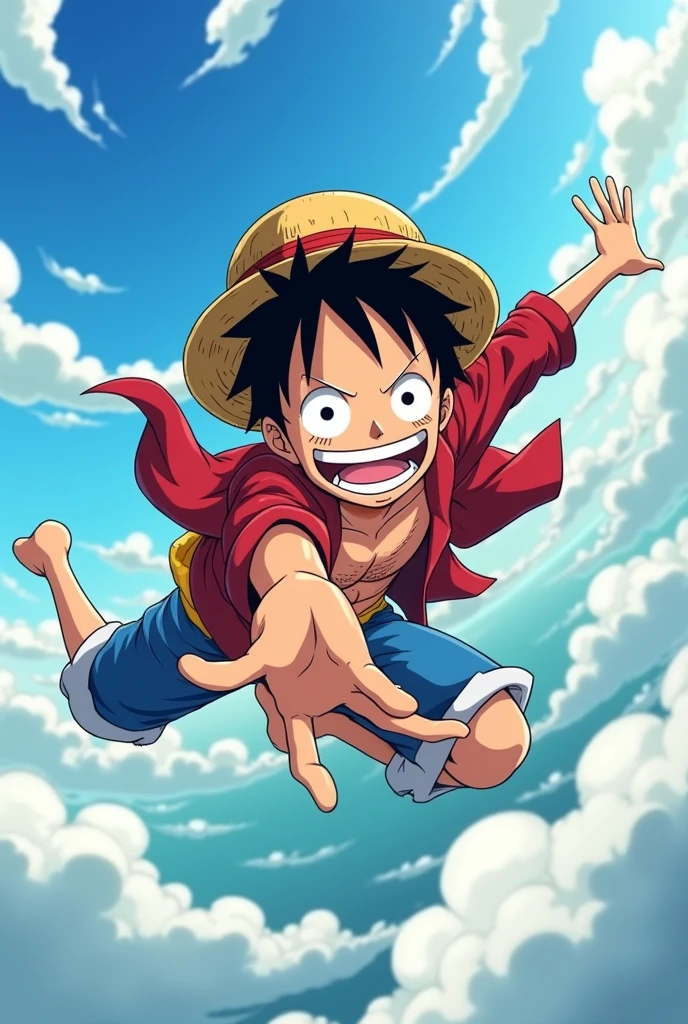 Luffy giving his hand to shake while flying , photo from luffy left side