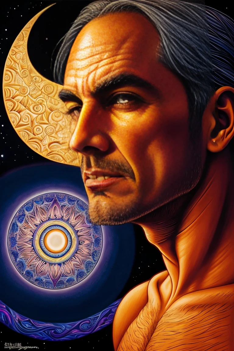 man looking at crescent moon in Alex Grey style