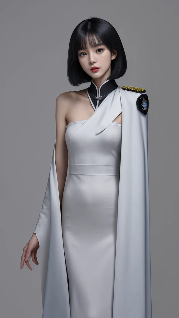 Taiwanese beauty。Medium Bob。Tall and slender。Five-star shoulder patch。A small white cape on the left shoulder。jet black military uniform。