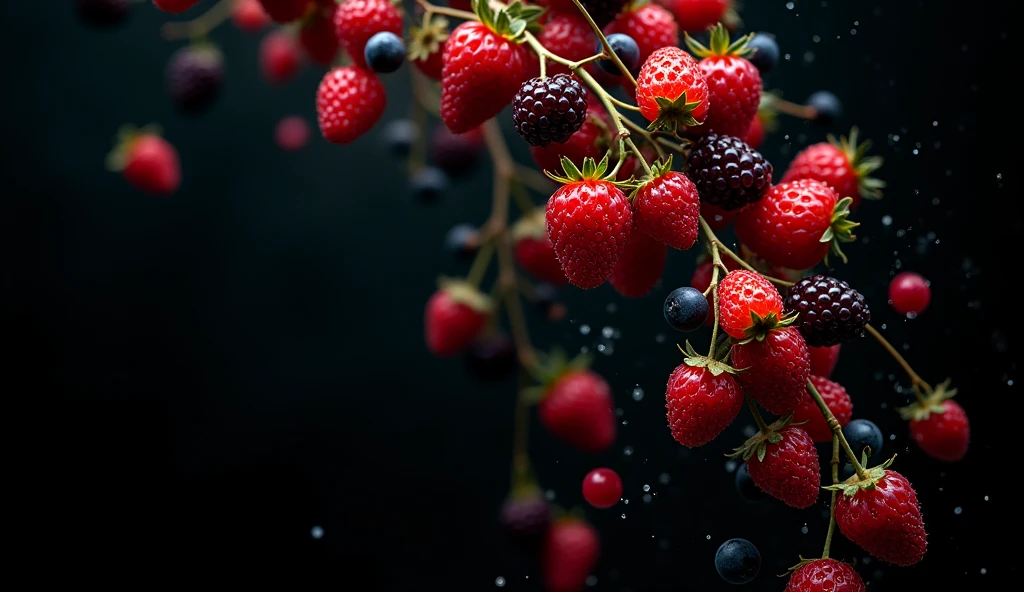 full shot photography upper angle shot with a strong accent to berries falling down in slow motion on the black background tropical aesthetics food book photography 35 mm movie frame epic scene cinematic 3d, strong 8k uhd quality