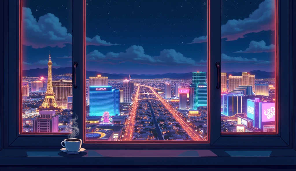 Las Vegas outside the window、night、Anime Style、coffee、There is no one、American cityscape