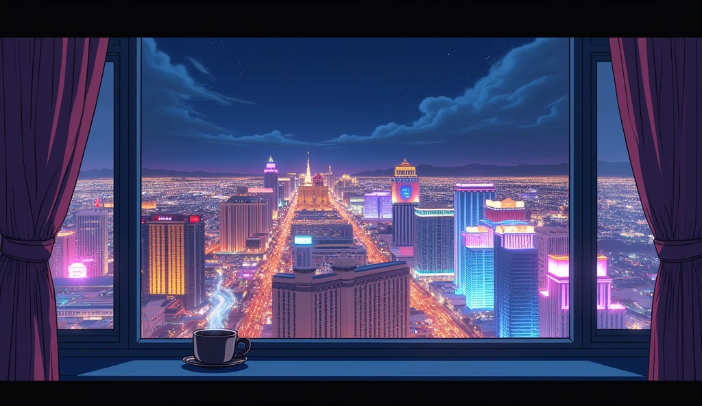 Las Vegas outside the window、night、Anime Style、coffee、There is no one、American cityscape