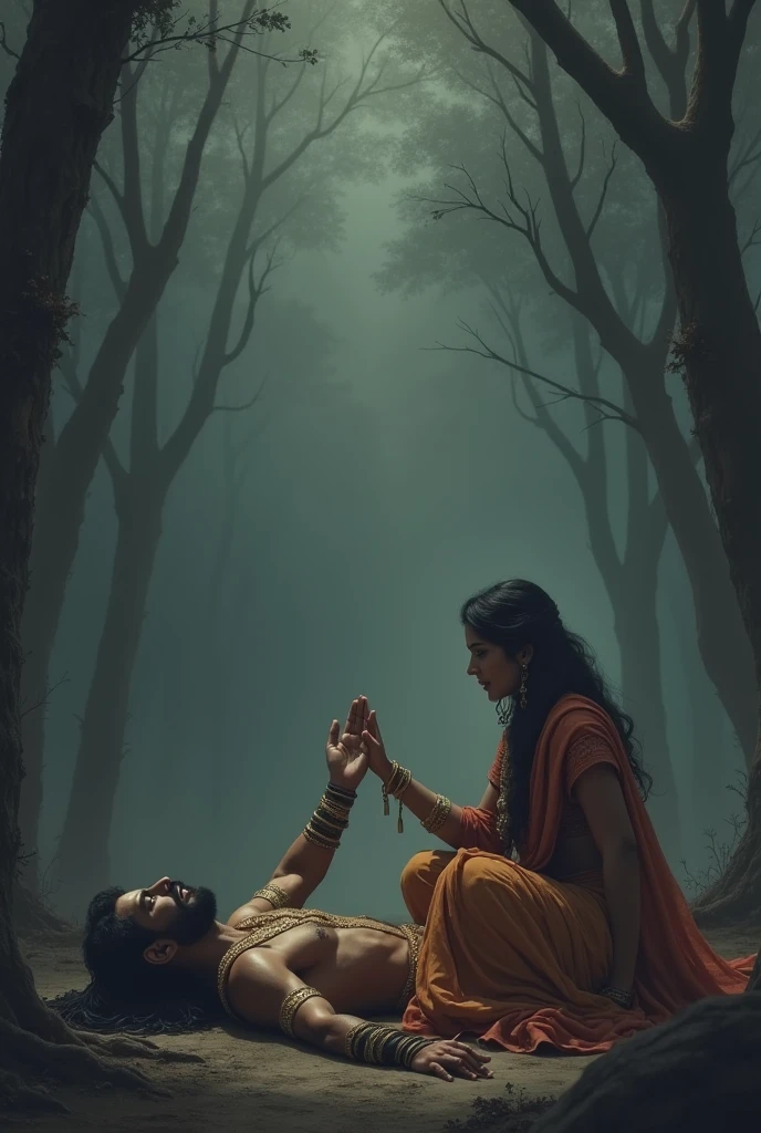 Pandu's death and madry mourning: Details: Pandu's death will be shown in the fourth scene. Pandu is raising his hand towards the madry, the impression of death in his face is evident. Madri is sitting next to Pandu's body, mourning, the impression of deep grief on his face. This scene is portrayed in the dark and gray shade, which highlights the tragic and emotional atmosphere of Pandu's death. There is a mixture of forests and darkness in the vicinity, which makes the scene more serious. Indian