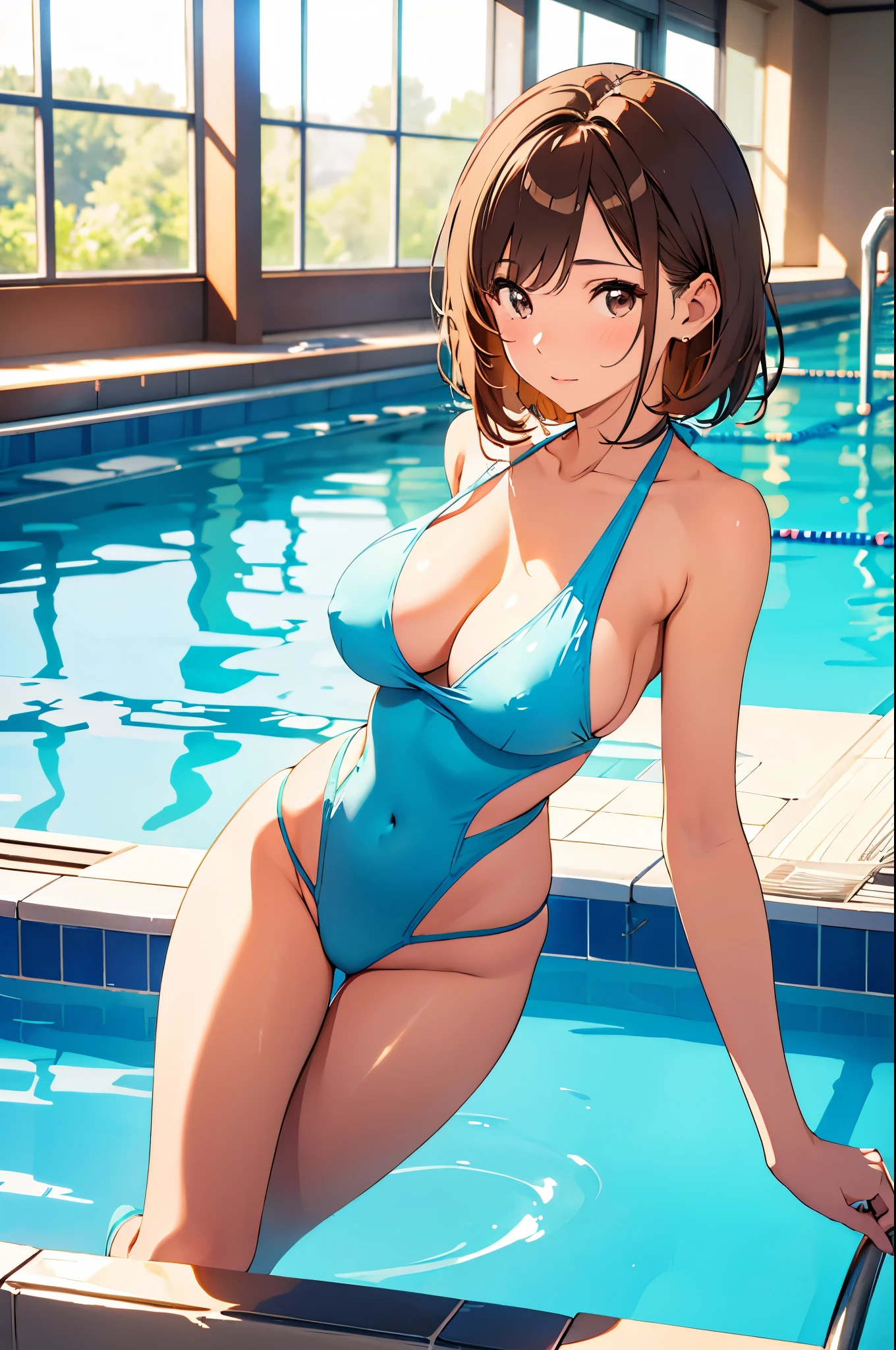 Swimsuit、Big Breasts 、Short brown hair、2 gravure idol、Shiny, oily skin、Glowing Skin、Indoor competition pool