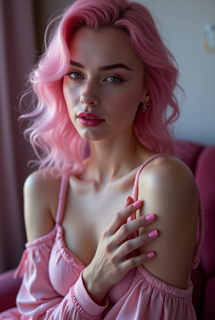 (((ultra realistic))) Photo, masterpiece, top quality, (pale skin), (Ultra detailed face and eyes:1.3), 1 girl, Adult, in a dress, ((Eye makeup, pink mascara)), ((fake detailed lips)), ((Pink волнистые волосы)), ((Stylish hairstyle)) , (Natural breasts), (Slim waist). ((Posing, hands on breast)), photoshoot, (Soft) Lighting, (The play of light and shadows), depth of field, bokeh, (special attention to skin detail: 1.2), Detailed leather texture, skin pores. (Erotic atmosphere of the frame. Color range - purple, Pink, Tons), UDR, ((Film grain)), ((rays)), (Glare), ((waist up portrait)) , ultra detialed, 
