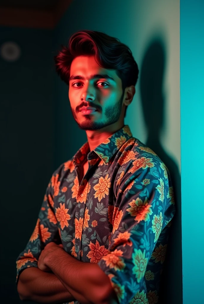 A young man with dark hair and a confident.and bangali face. He is dressed in a flower print shirt . The man is positioned against aqua colour backdrop with a subtle red lighting on the left side. and he posing for Linkedin profile, black background and quality full picture