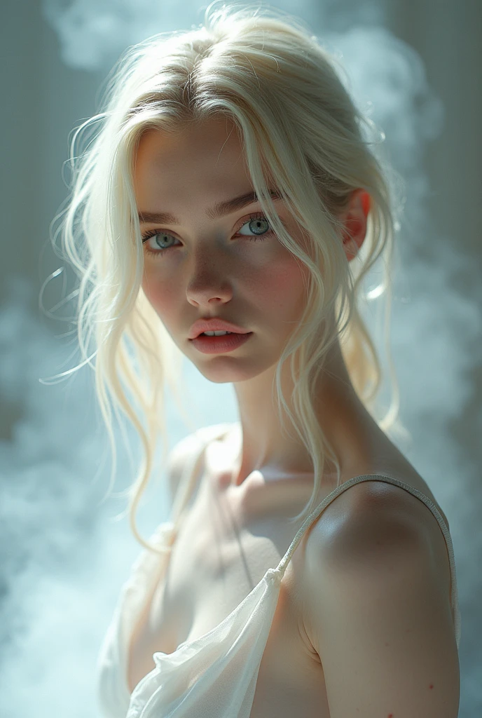 girl,  17 y.o, blonde, pale skin, albino, only blushed flirting eyes visiblevery Detailed, awesome Quality, reflecting, luminescent, translucent, Ethereal, very detailed, uhd, masterpiece, White smoke, light beams through smoke, full body, nude compele, oiled body, orgasm