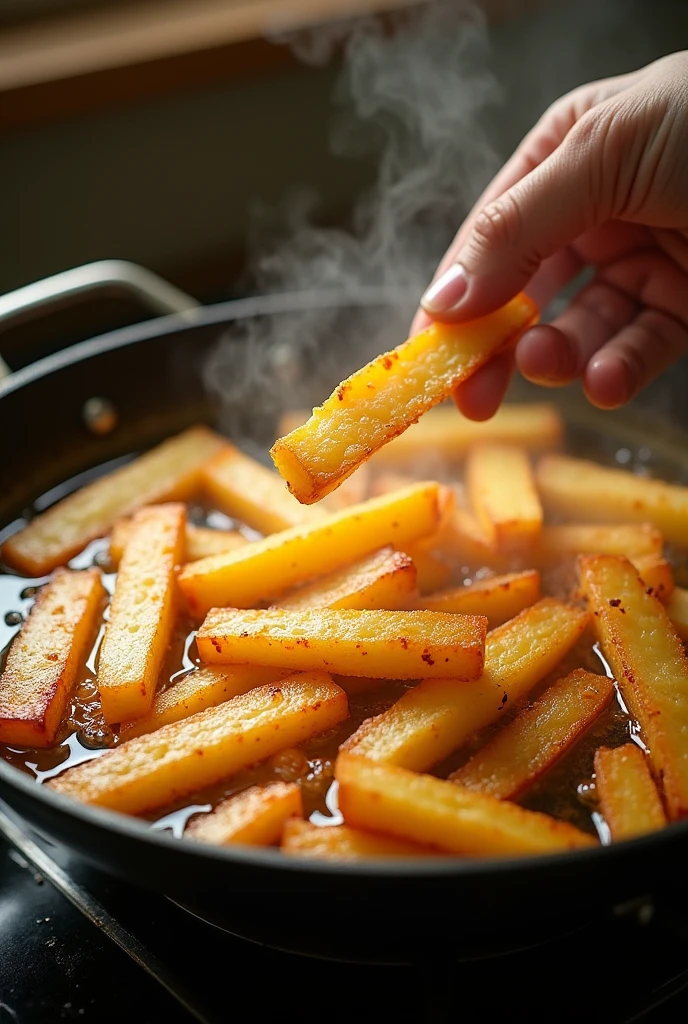 Heat vegetable oil in a large pan.”][Scene Transition: Frying potato strip slices in batches in the hot oil
