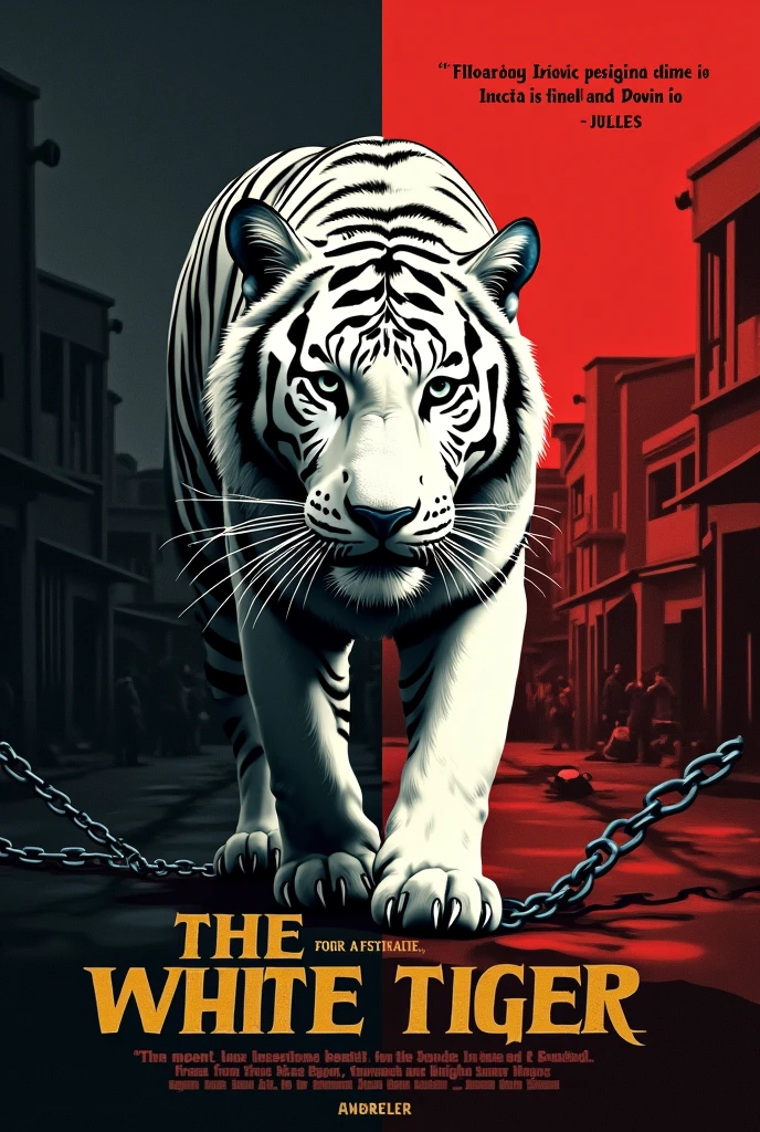 Poster Concept for “The White Tiger”
1. Title:
• “The White Tiger” at the top in bold, stylized font with a hint of the gritty tone of the book.
2. Background:
• A divided background with one half showing slums,poverty,darkness and corruption,chaotic streets of India and the other half depicting luxuries,brightness,luxurious cars,sophistication.
3. Central Image:
• A stylized white tiger in the center, fierce and majestic, symbolizing the protagonist’s struggle for freedom and identity.
4. Key Quotes:
• Include a powerful quote from the book, such as:
• “The moment you recognize what is beautiful in this world, you stop being a slave.” In english
5. Author’s Name:
• At the bottom or near the title, “By Aravind Adiga” in a smaller, elegant font.
6. Visuals:
• Consider adding elements like a broken cage or chains near the white tiger to signify the theme of breaking free from oppression.
• add one broken cage and chain
7. Color Scheme:
• Use dark colors like black and deep red for the background to represent the harsh realities of the protagonist’s life, contrasted with bright white or gold for the tiger and title to symbolize hope and ambition.