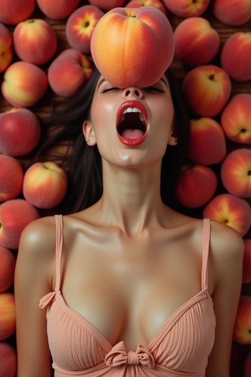 1 beautiful Turkish woman in her 30s。Facing forward、Mouth wide open。The expression is、 lewd expion、Ecstatic expression、I feel a strong sense of ecstasy。The peeled、Wearing a large real peach。The chest is wide open。There are peaches all around。Covered in peaches。Fully clothed。