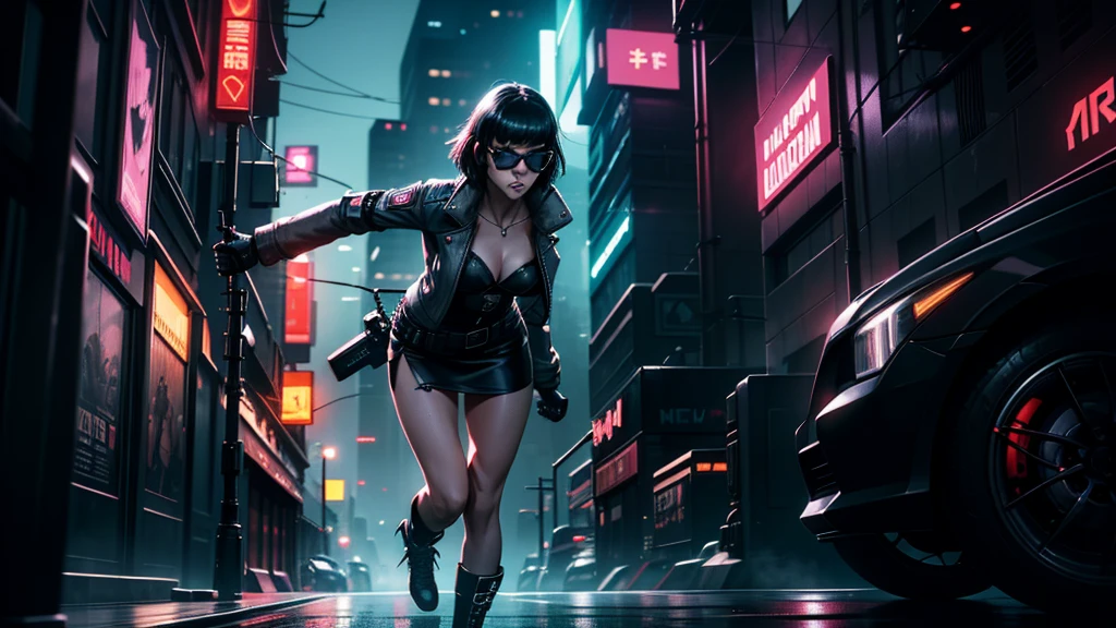 cyberpunk-style city with a nocturnal vibe with Blade Runner-like aesthetic references. At night, (1girl, solo, alone), medium-breast slim:0.6 body, oval:0.5 face, cleavage:1.1, sexy black laced bra, miniskirt, white laced panty, coat, (black micro sunglasses), (holding a short gun), (slightly leaning forward running pose), ((half-body thigh level medium shot)), cinematic lighting, ray tracing, motion blur background.