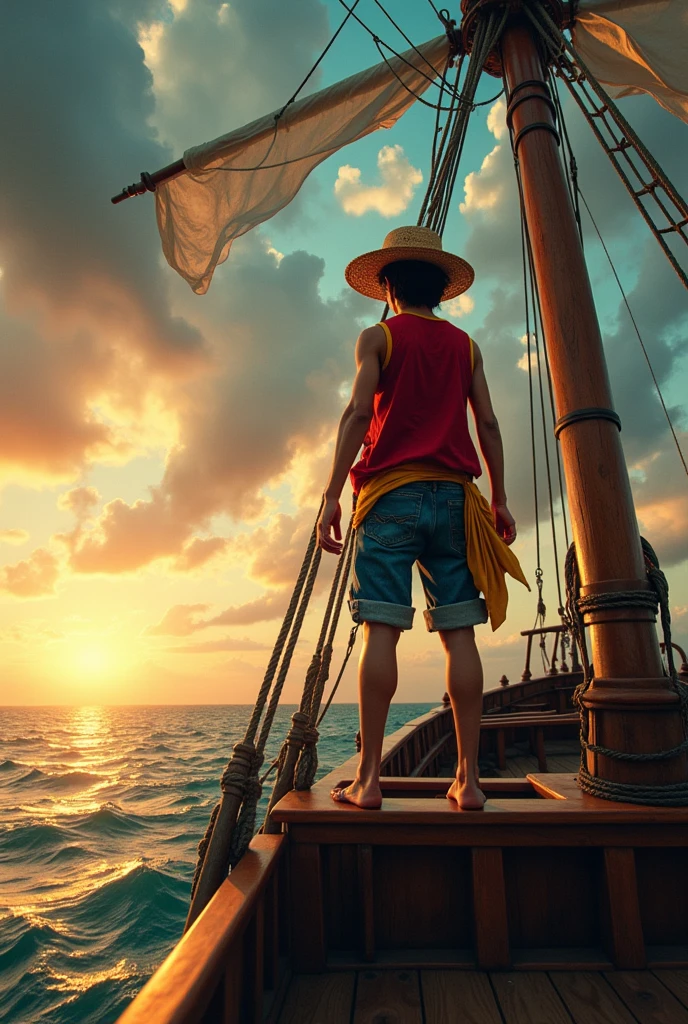 Action photography of a live-action Luffy, with his iconic straw hat and red vest, standing confidently atop the crow's nest, full body shot, on a detailed pirate ship at sea, dramatic cloudy sky background, golden hour lighting, shot from a low angle with the camera tilted upwards, captured on an ARRI ALEXA camera with a wide-angle lens, (motion blur:1.2), in the style of (Gore Verbinski:1.3)